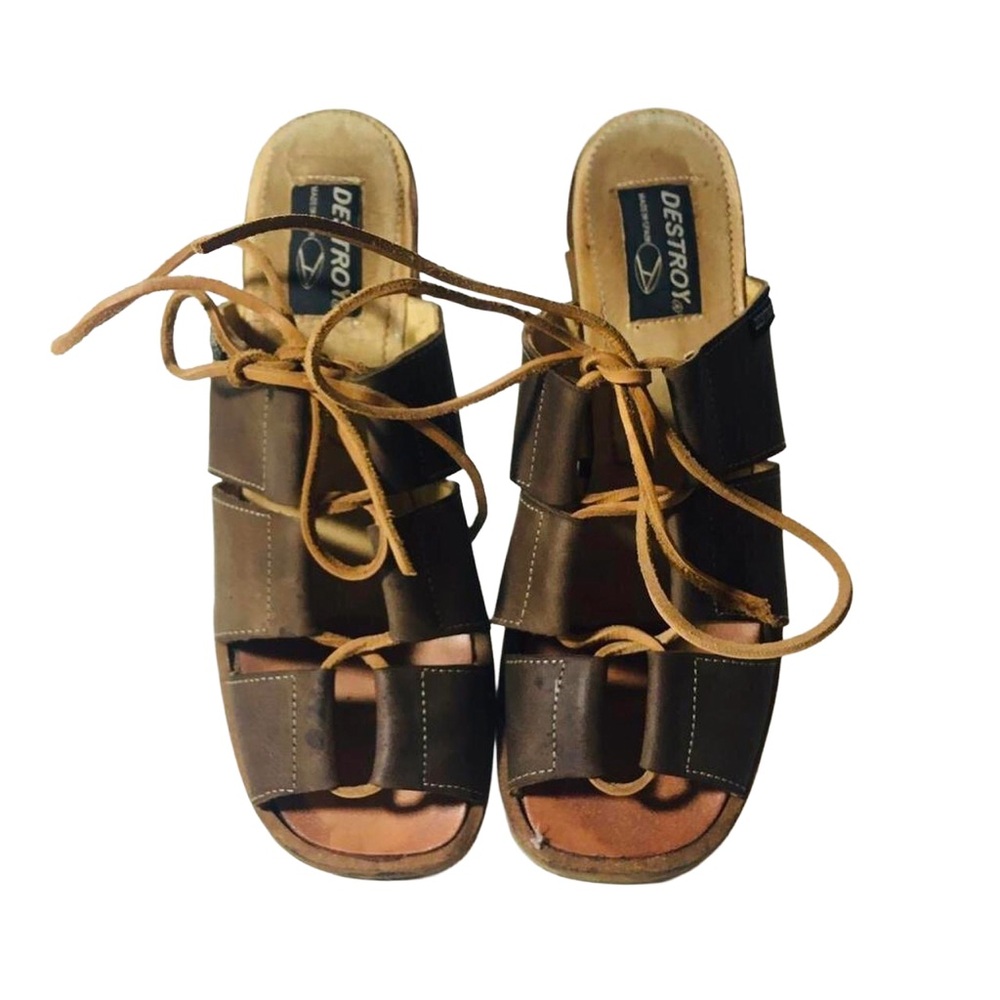 Vintage Destroy Sandals Brown Leather Mule Block Heel Sz 39 40 Made In Spain Y2K